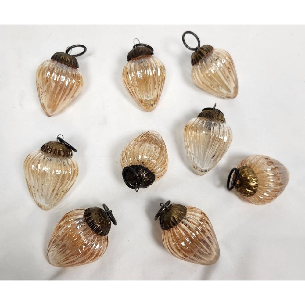 Vintage Kugel Style Set Of 9 Tear Drop Ribbed Amber Mercury Glass Ornaments